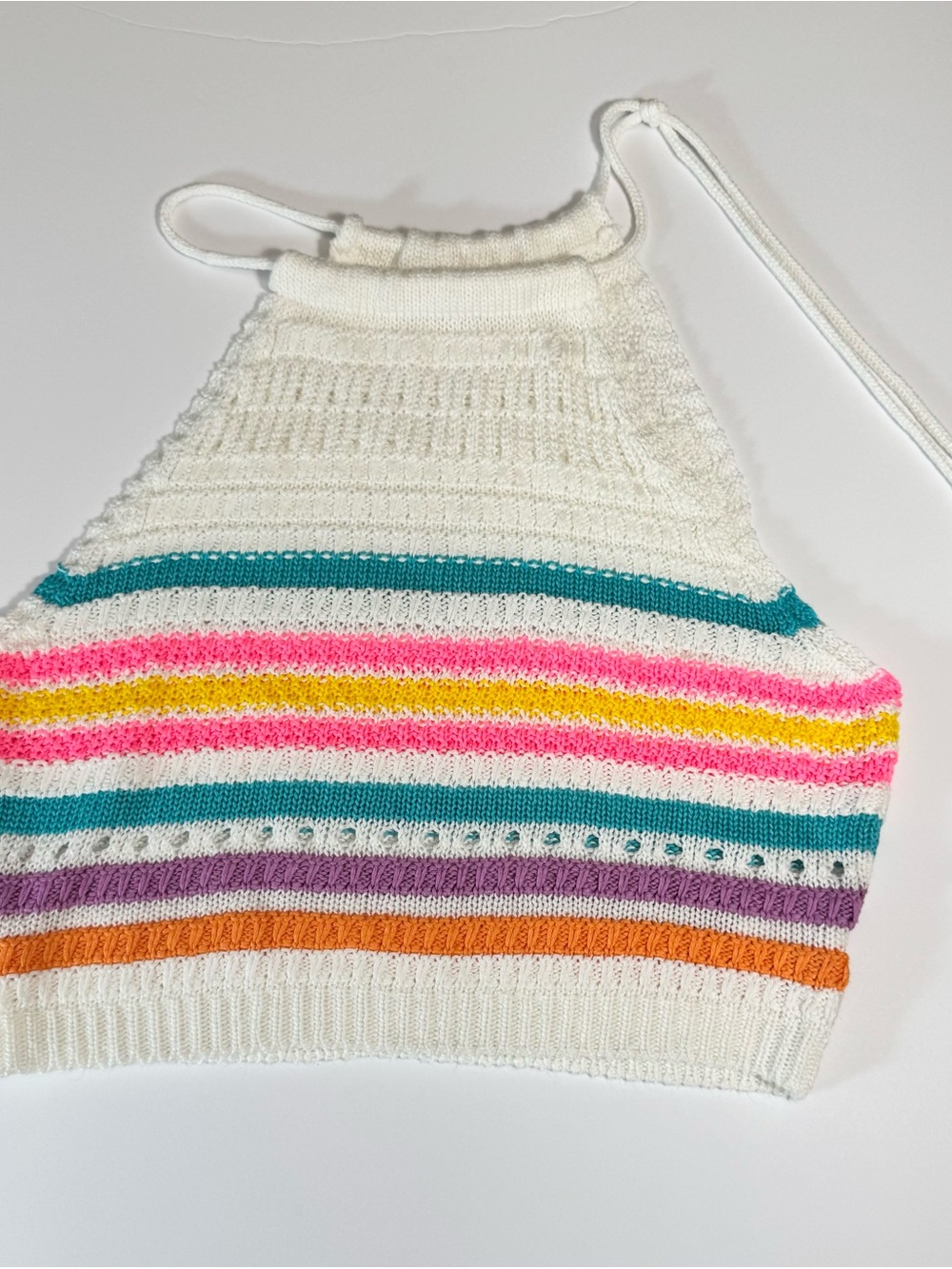 Crochet Halter Crop Top with Multicolor Stripes - White - Picture 3 of 14